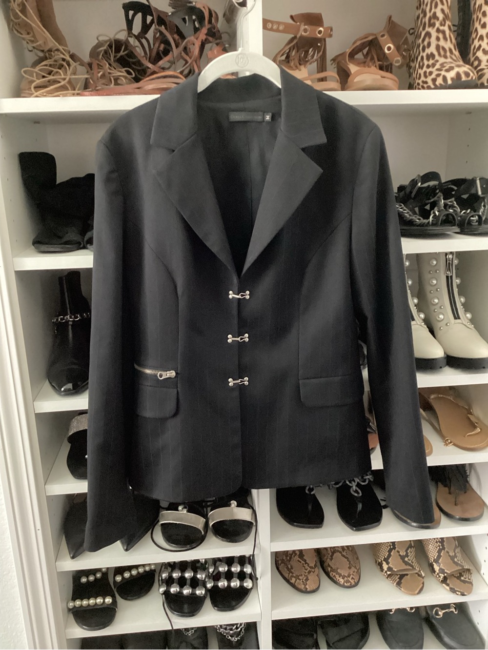 Guess Black Pinstripe Women's Tailored Blazer with Decorative Silver Hooks